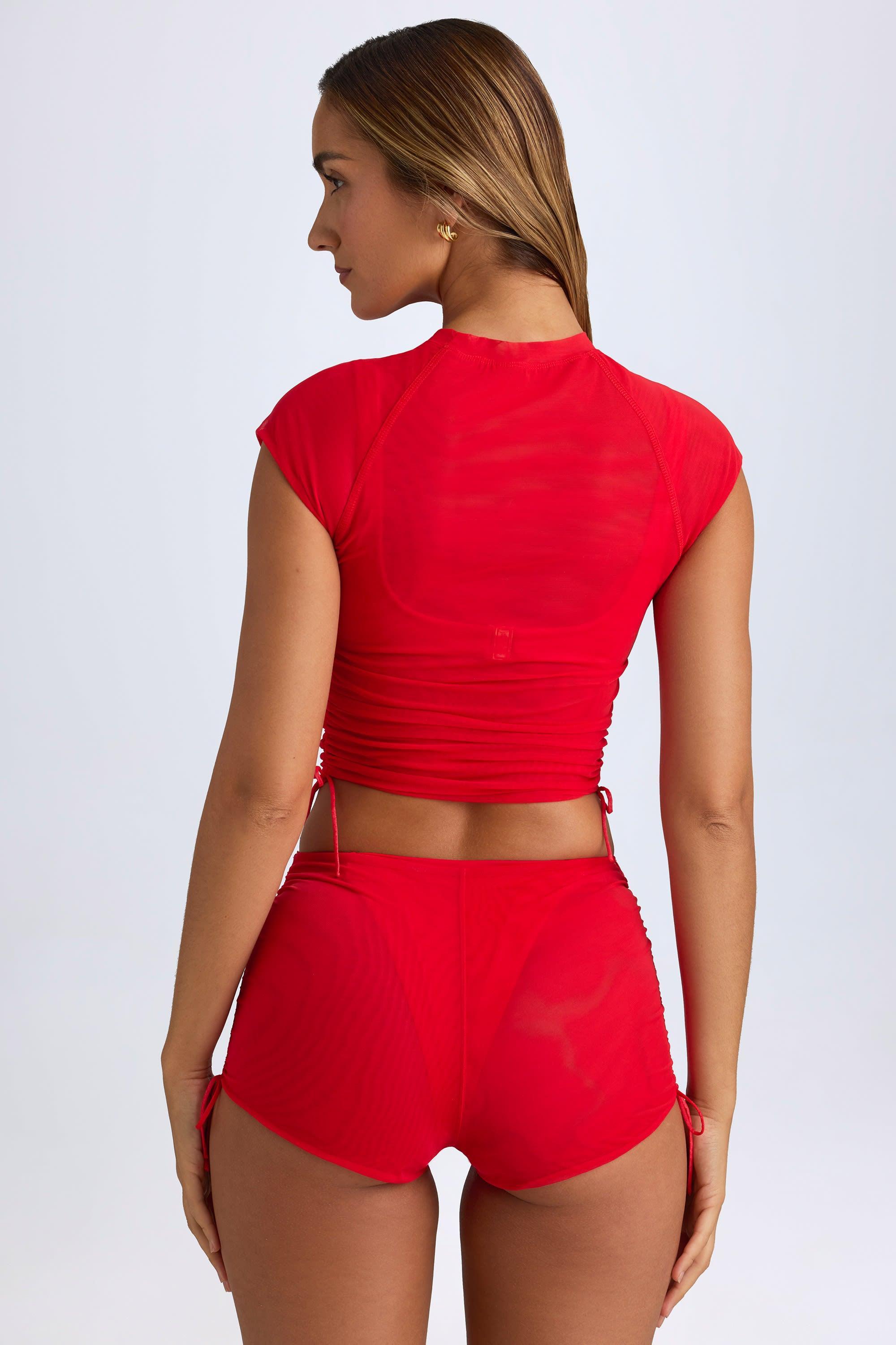 Sheer Ruched Mini Shorts in Fiery Red Product Image