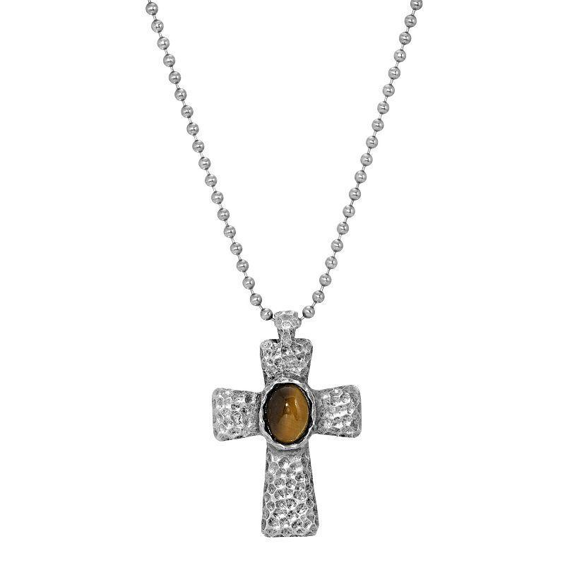 Mens Symbols of Faith Silver Tone Hammered Embellished Cross Necklace, Brown Product Image