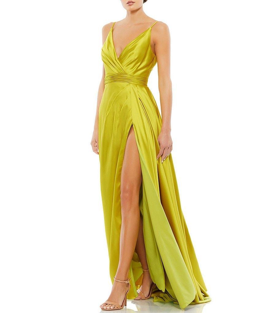 Mac Duggal V-Neck Sleeveless Thigh High Slit Faux Wrap Ruched Waist Gown Product Image