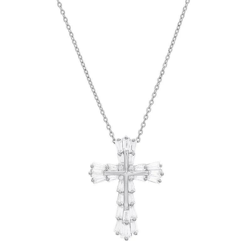 Sterling Silver Cubic Zirconia Baguette Cross Pendant Necklace, Womens White Product Image