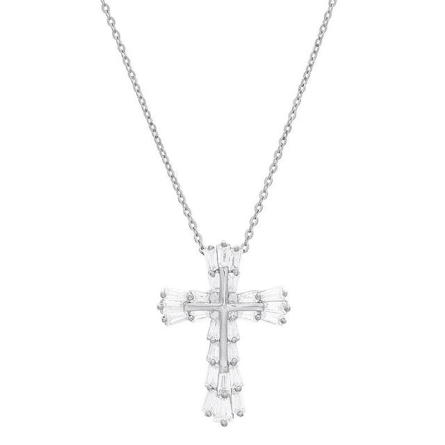 Sterling Silver Cubic Zirconia Baguette Cross Pendant Necklace, Womens White Product Image