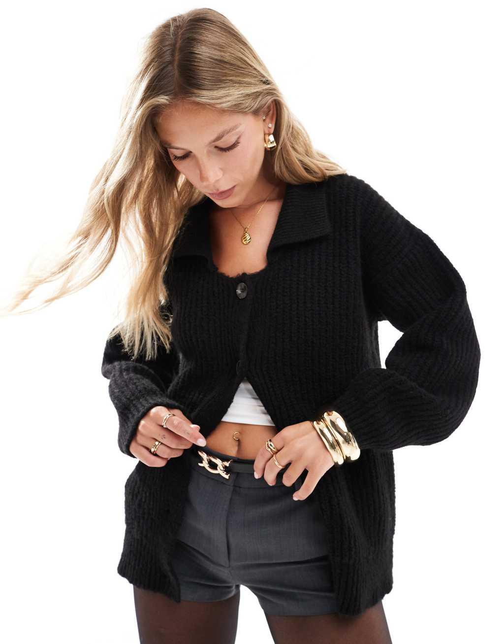 ASOS DESIGN chunky collared oversized cardigan in black product image