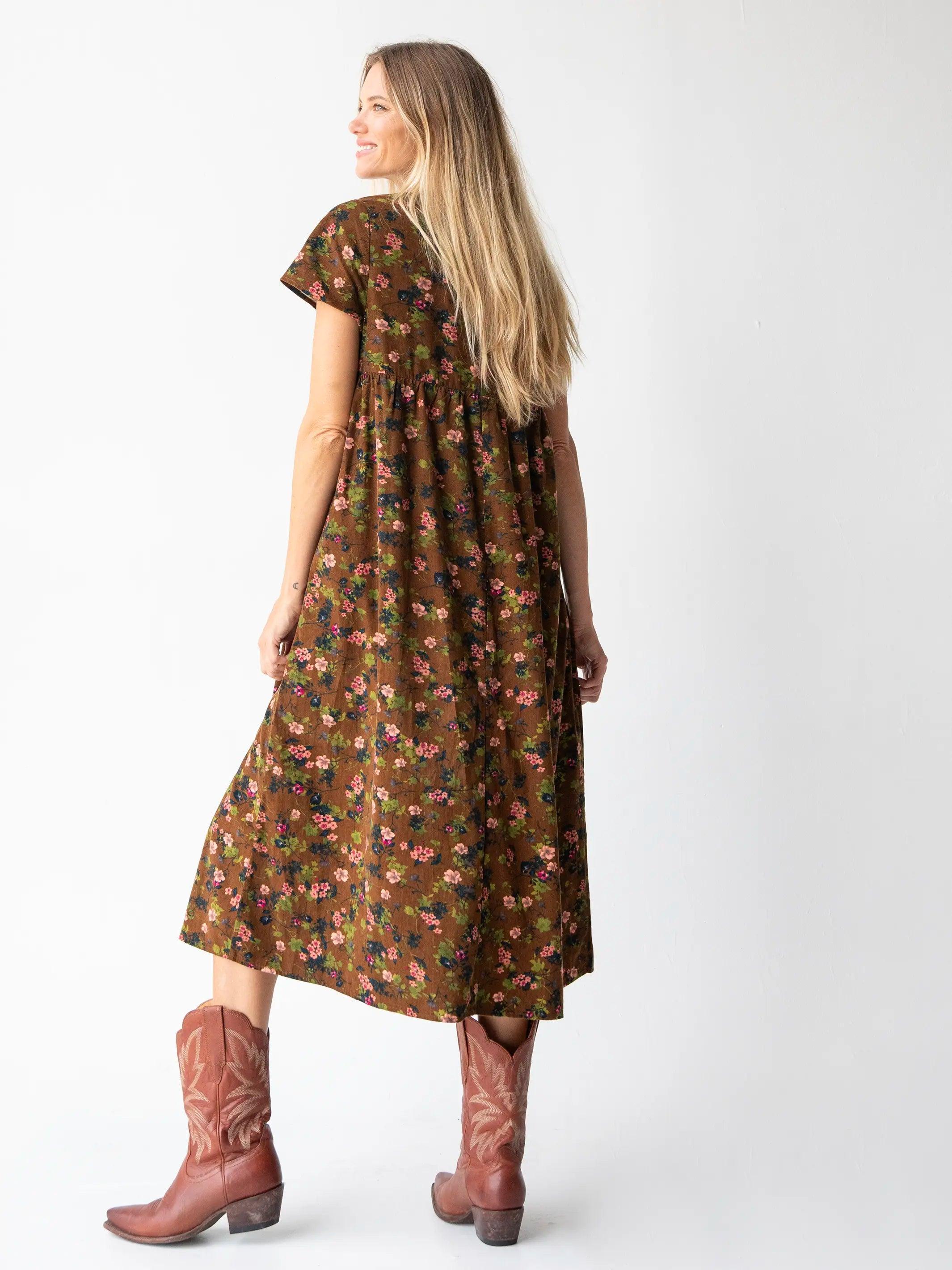 Avery Corduroy Midi Dress - Brown Green Bouquets Floral Product Image