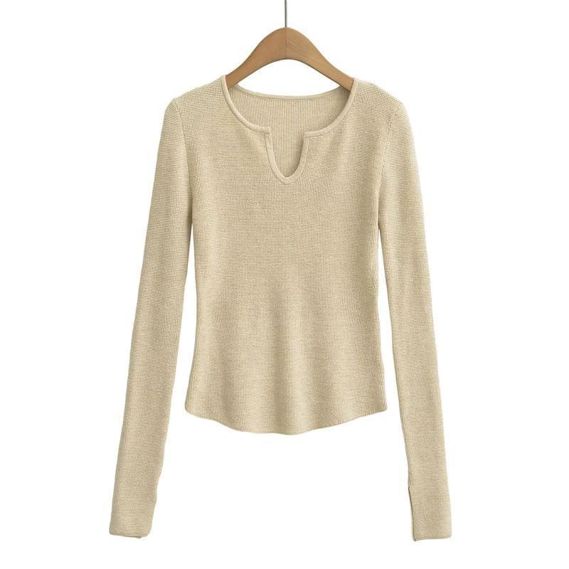 Long Sleeve Notch Neck Plain Knit Top Product Image