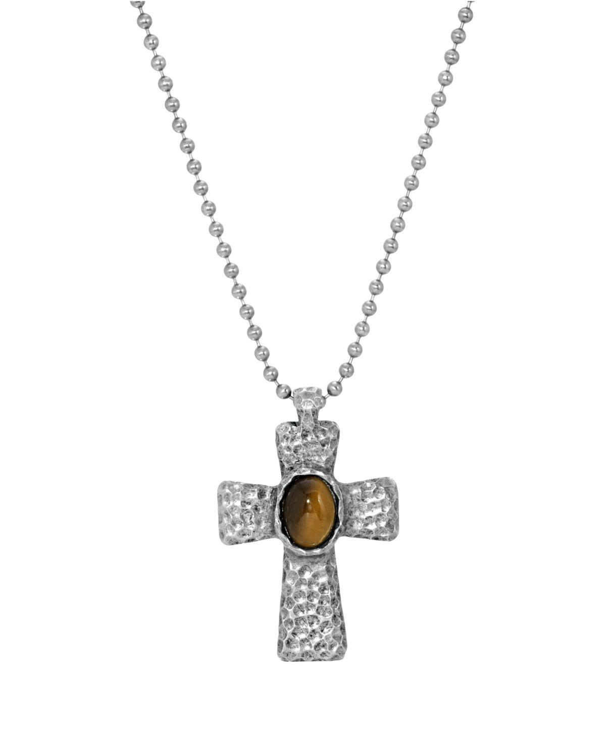 Mens Symbols of Faith Silver Tone Hammered Embellished Cross Necklace, Brown Product Image