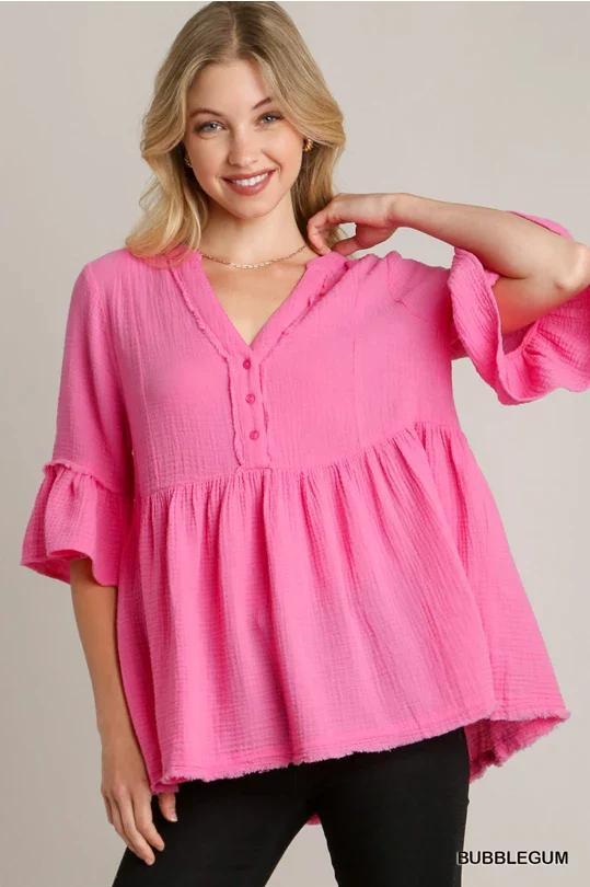 Babydoll Button Down V Neck Top Product Image