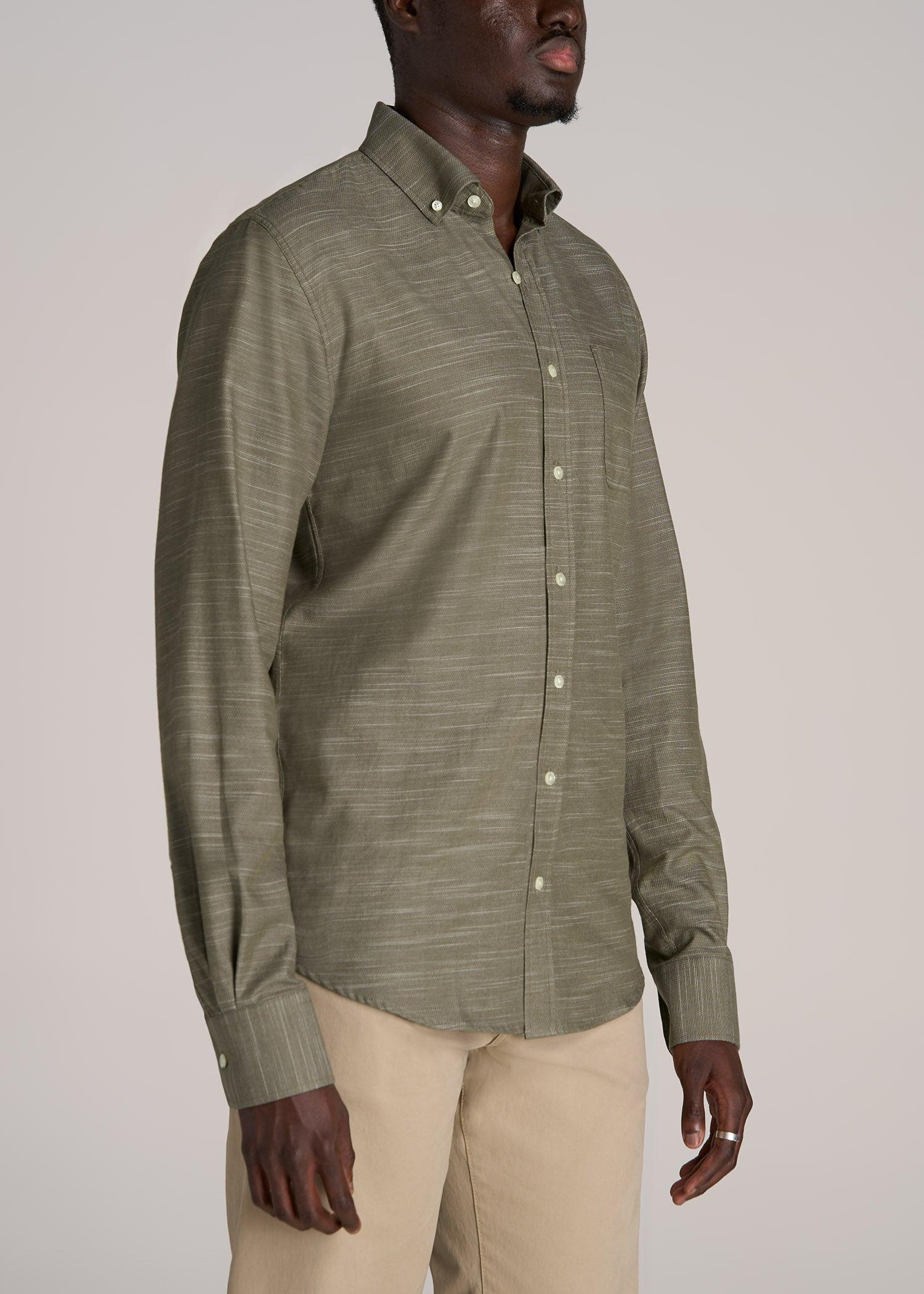 Textured Weave Cotton Button-Up Shirt for Tall Men in Olive Male Product Image