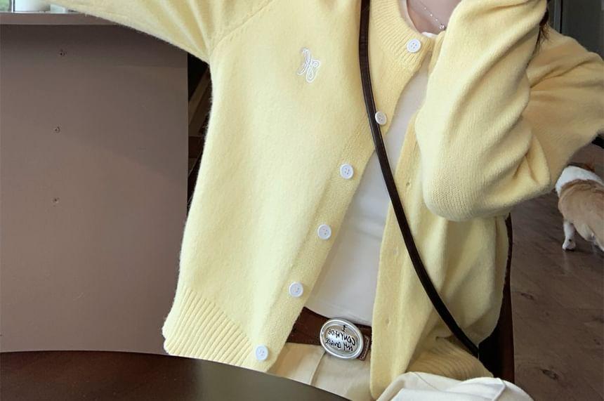 Crew Neck Butterfly Embroidered Button-Up Cardigan Product Image