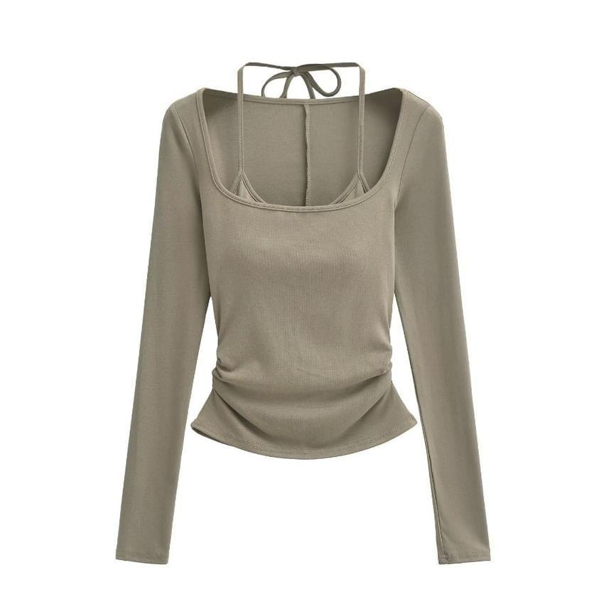 Mock Two-Piece Long-Sleeve Halter-Neck Plain Padded Shirred Tee Product Image