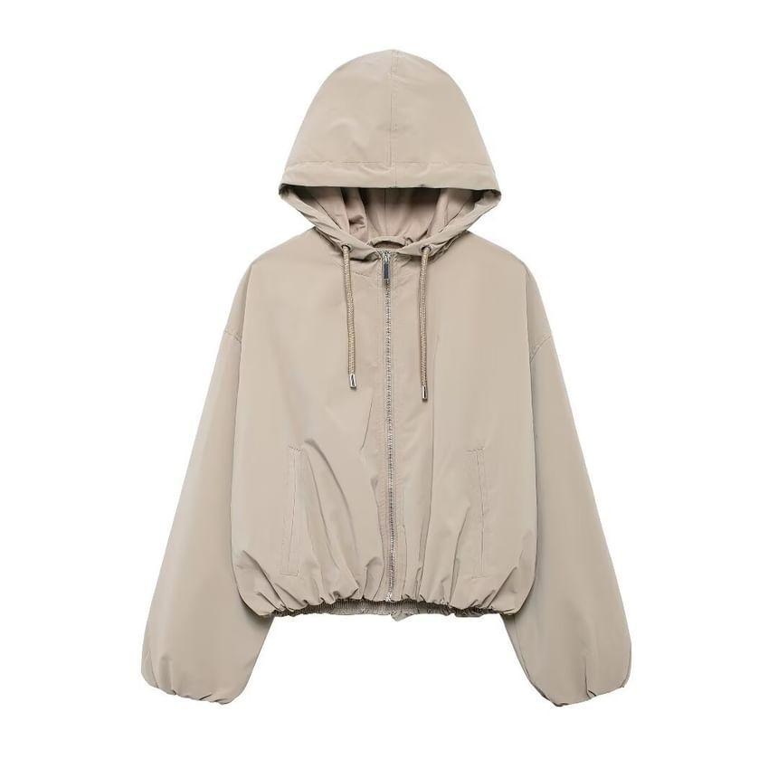 Hooded Plain Zip Up Jacket Product Image