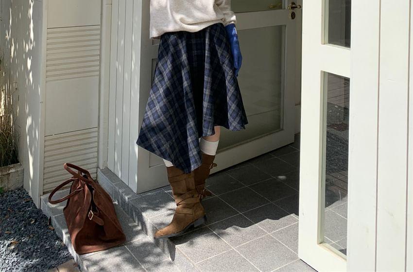 High Waist Plaid Asymmetrical A-Line Skirt Product Image