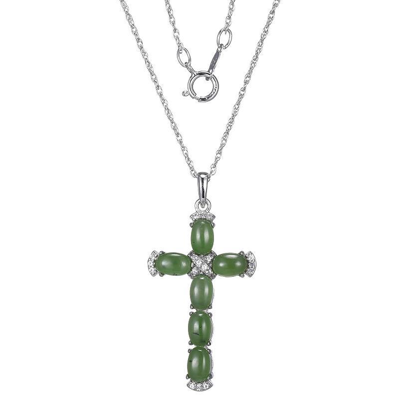 Dynasty Jade Sterling Silver Nephrite Jade & Lab-Created White Sapphire Cross Pendant Necklace, Womens Product Image