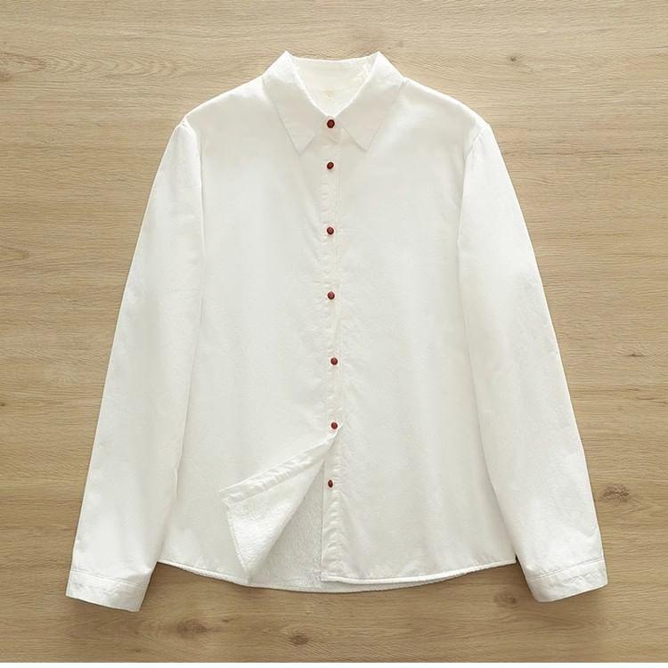 Puff-Sleeve Plain Ruffle Trim Button-Up Shirt Product Image