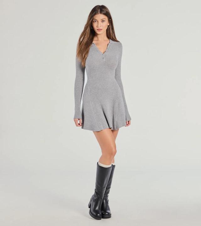 Cozy Prep Collared Long Sleeve Knit Skater Dress Product Image