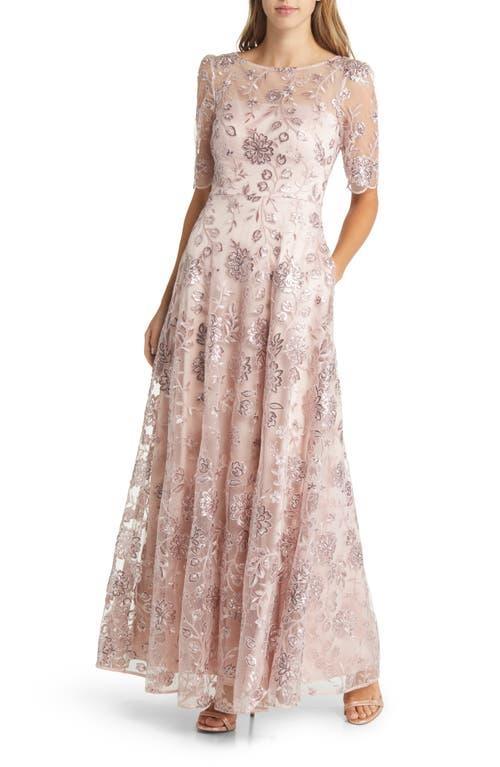 Eliza J Sequin Floral Illusion Lace Fit & Flare Gown Product Image