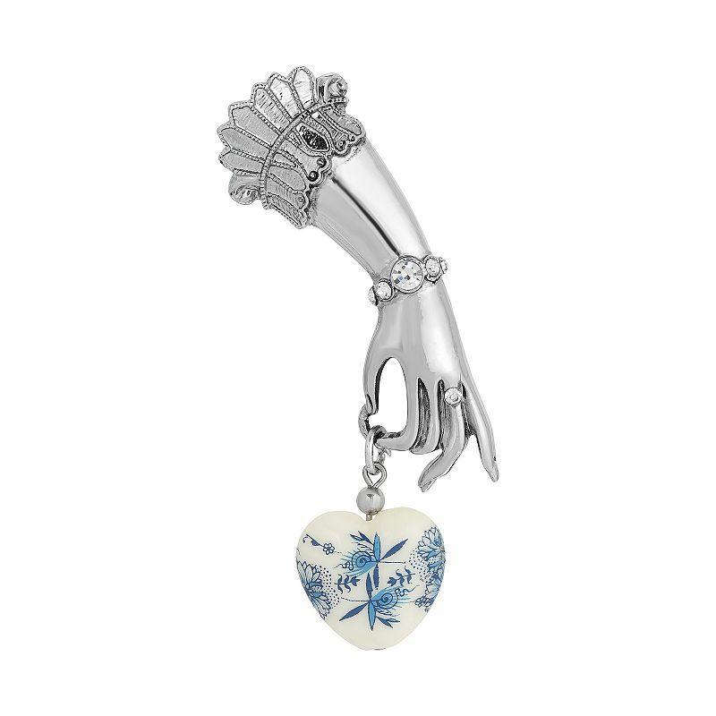 1928 Silver Tone Ladys Hand Pin with Crystal Accents & Blue & White Heart Charm, Womens Product Image