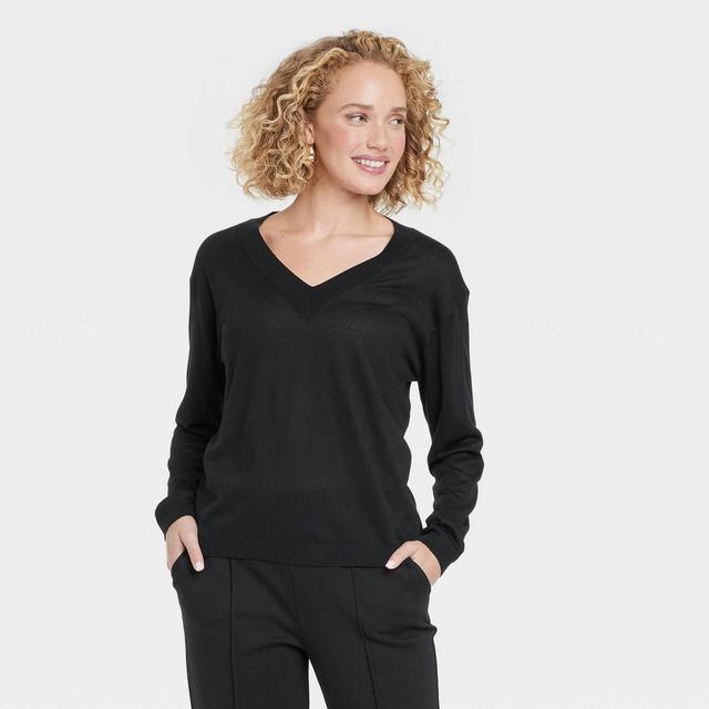 Womens Fine Gauge V-Neck Pullover Sweater - A New Day Black L Product Image