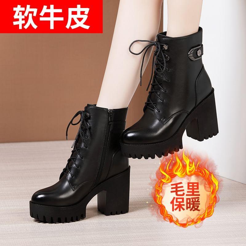 Platform Block Heel Lace Up Short Boots Product Image