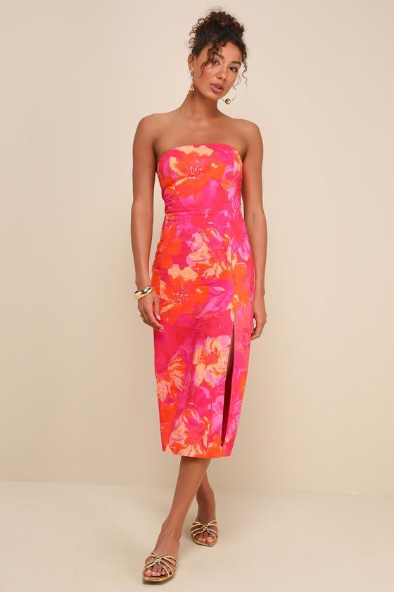 Bold Tendencies Fuchsia Floral Strapless Cutout Midi Dress Product Image