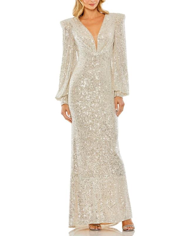 Mac Duggal Womens Sequined Plunge Neck Structured Bishop Sleeve Gown Product Image