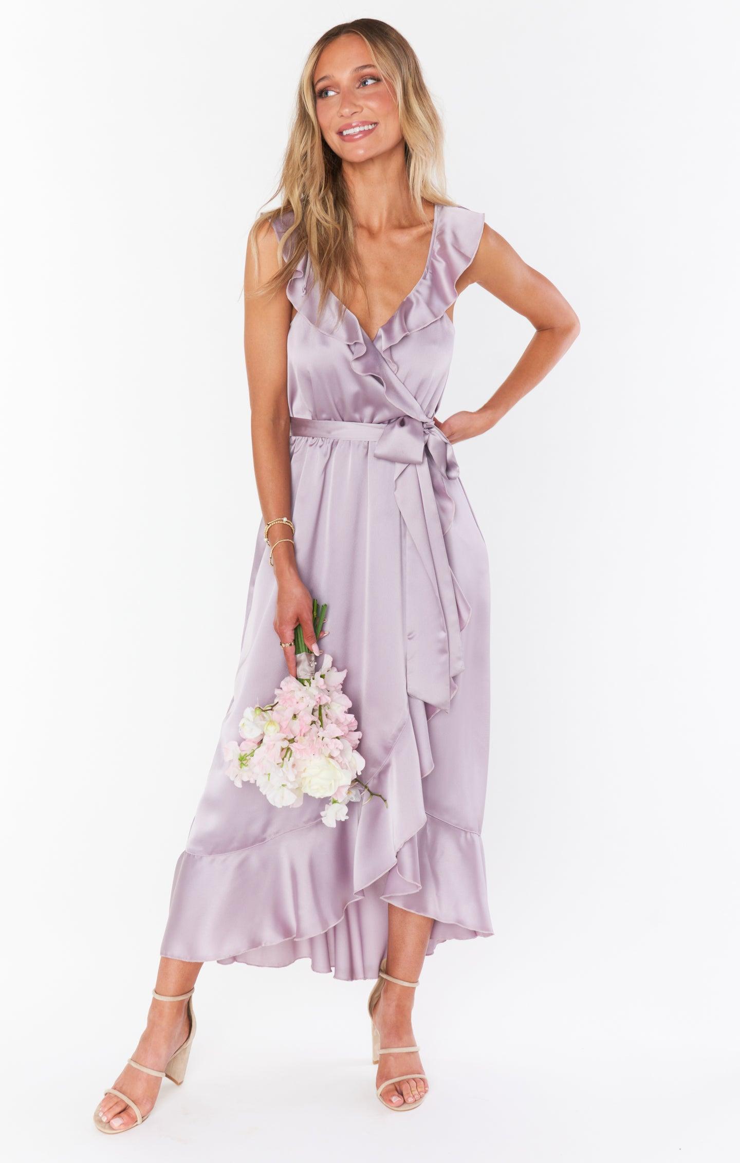 Samantha Ruffle Wrap Dress ~ Dusty Purple Luxe Satin Product Image