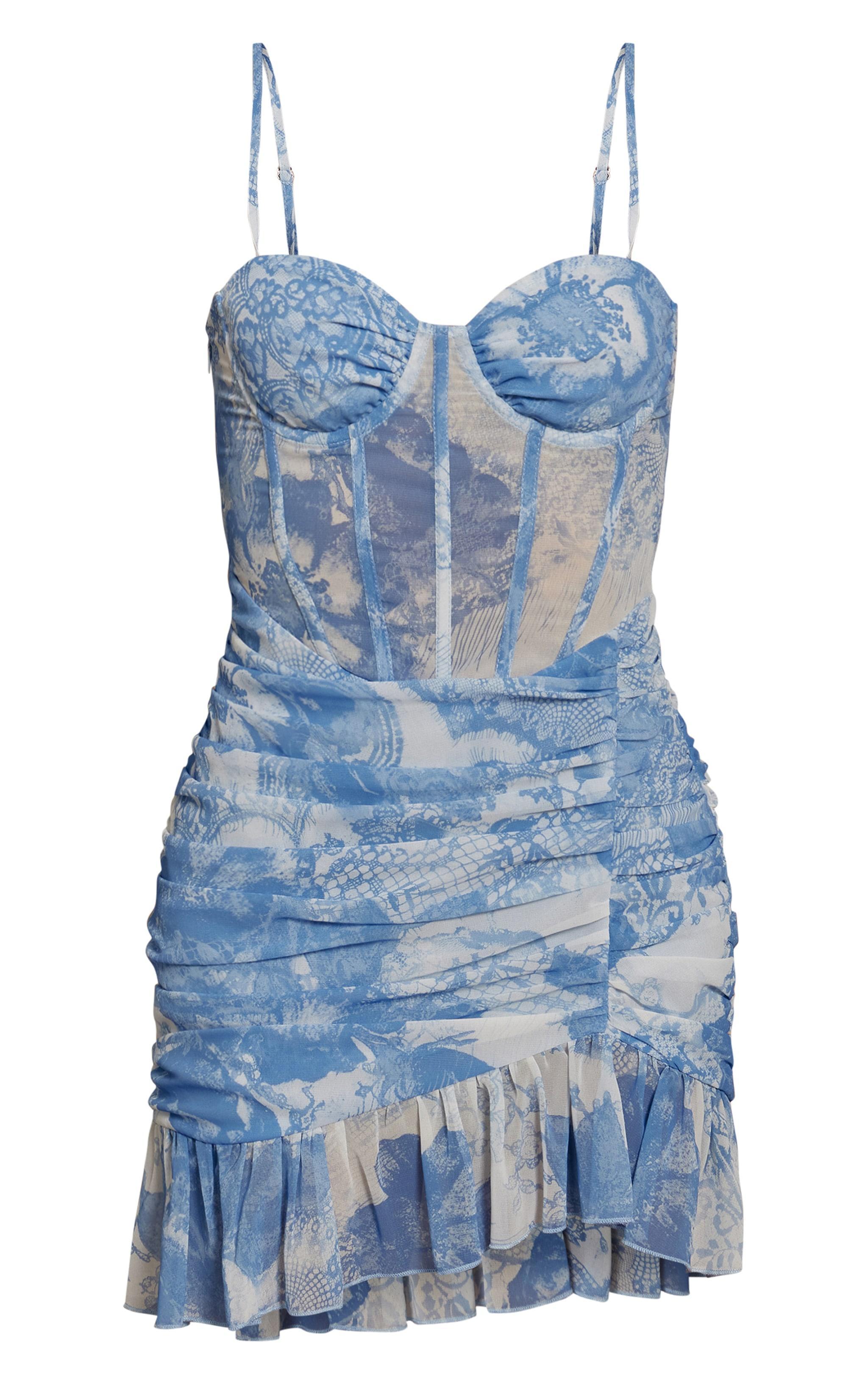 Blue Floral Print Corset Frill Hem Bodycon Dress Product Image