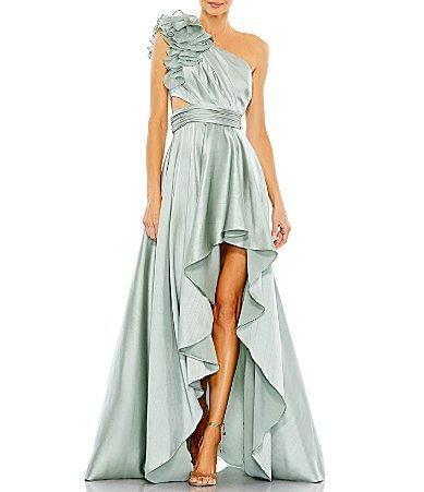 Mac Duggal Satin Ruffle Asymmetrical Neck Sleeveless Side Cut-Out High Product Image