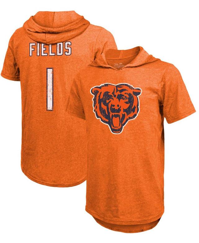 Mens Justin Fields Orange Chicago Bears Player Name Number Tri-Blend Short Sleeve Hoodie T-shirt Product Image