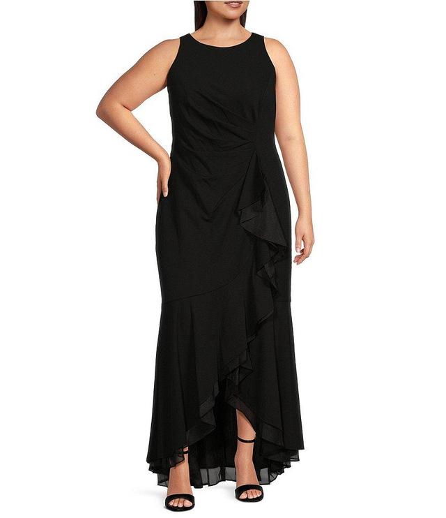 Adrianna Papell Plus Size Crew Neck Sleeveless Cascading Ruffle High-Low Dress Product Image