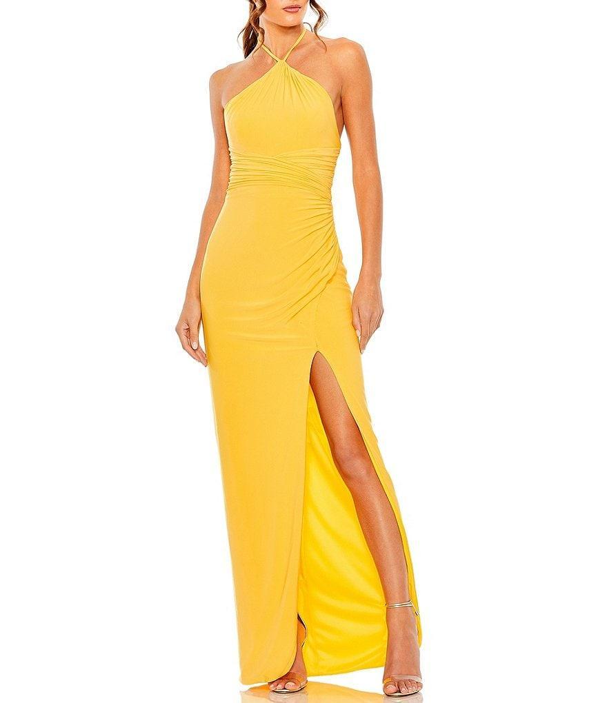 Mac Duggal Knit Jersey Halter Neck Ruched High Side Slit Column Gown Product Image