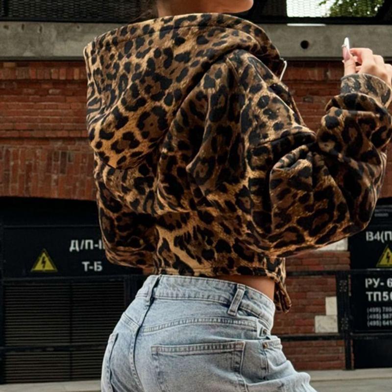 Long Sleeve Leopard Print Slim-Fit Zip-Up Hooded Jacket Product Image