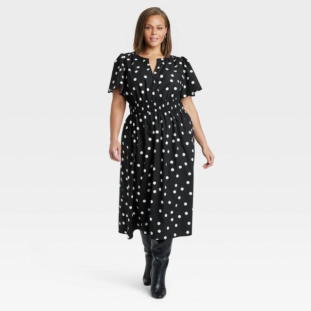 Womens Flutter Short Sleeve Poplin Midi A-Line Dress - A New Day Polka Dots 3X Product Image