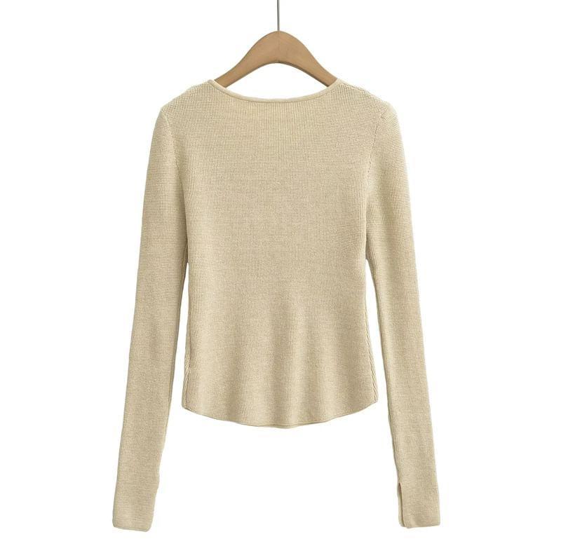 Long Sleeve Notch Neck Plain Knit Top Product Image