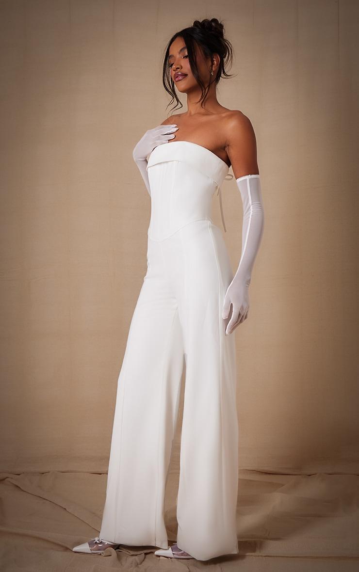 Premium White Woven Bandeau Wide Leg Jumpsuit Product Image