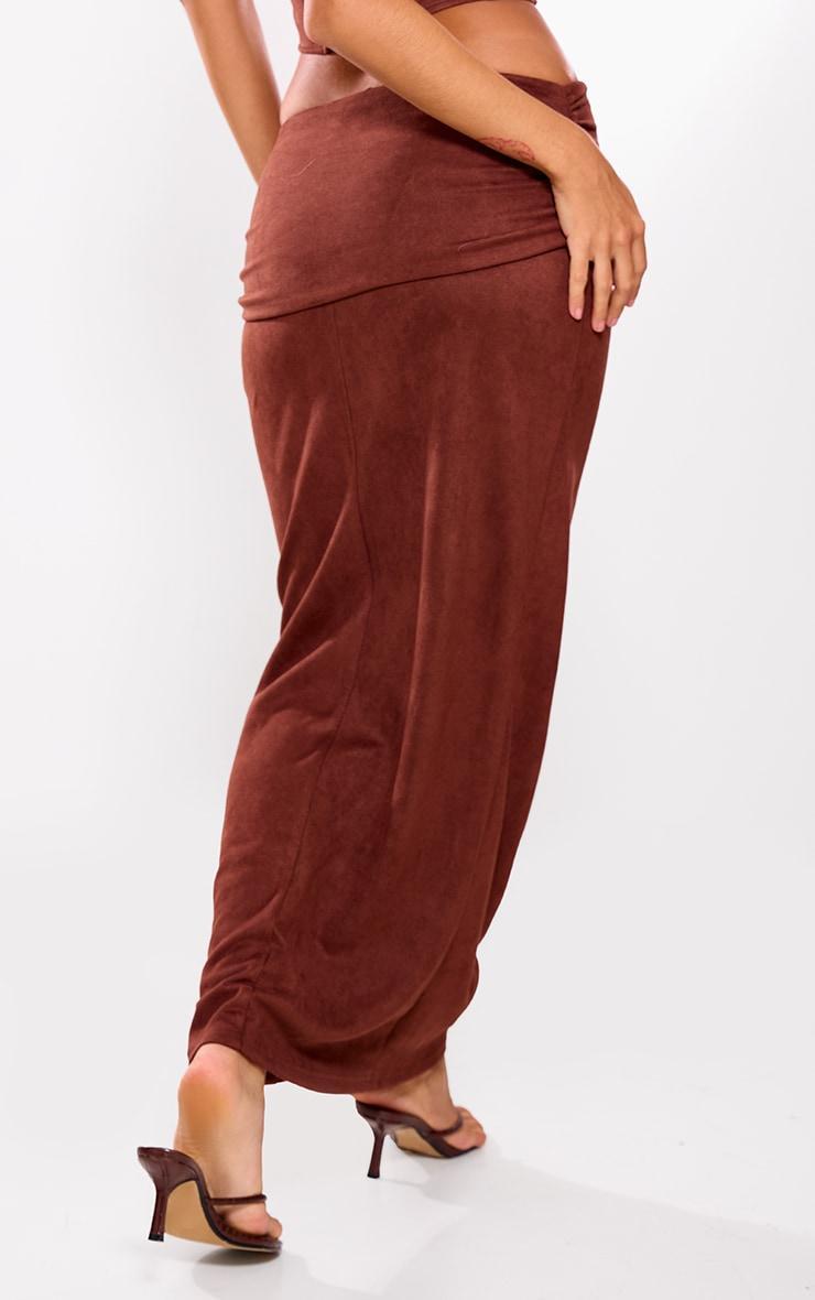 Brown Faux Suede Ruched Eyelet Detail Waist Maxi Skirt Product Image