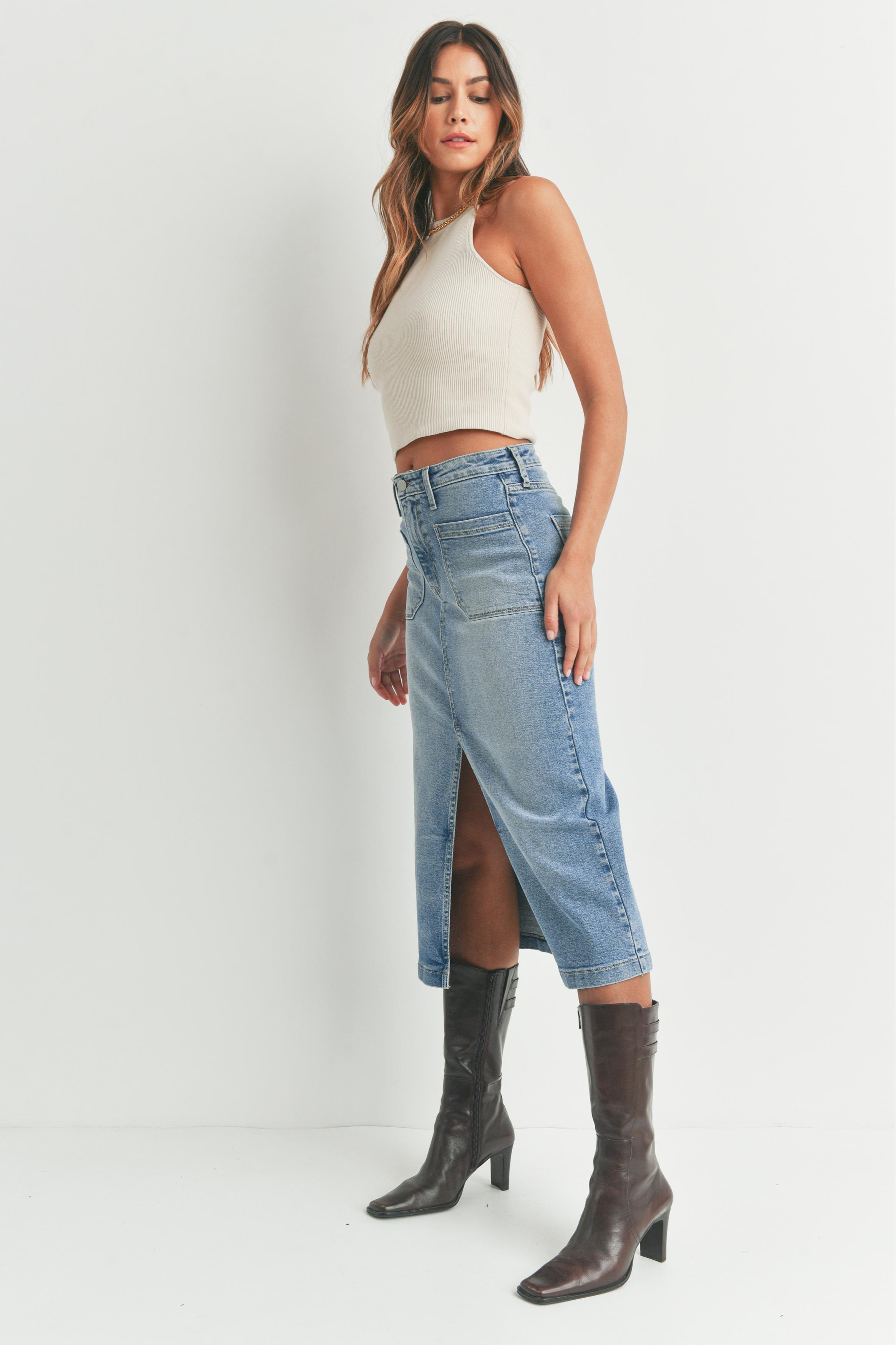 Front Slit Denim Midi Skirt Product Image