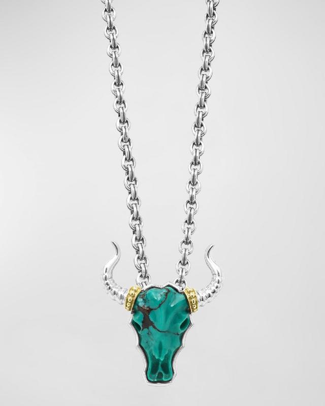 Mens Sterling Silver and 18K Gold Anthem Turquoise Longhorn Pendant Necklace Product Image