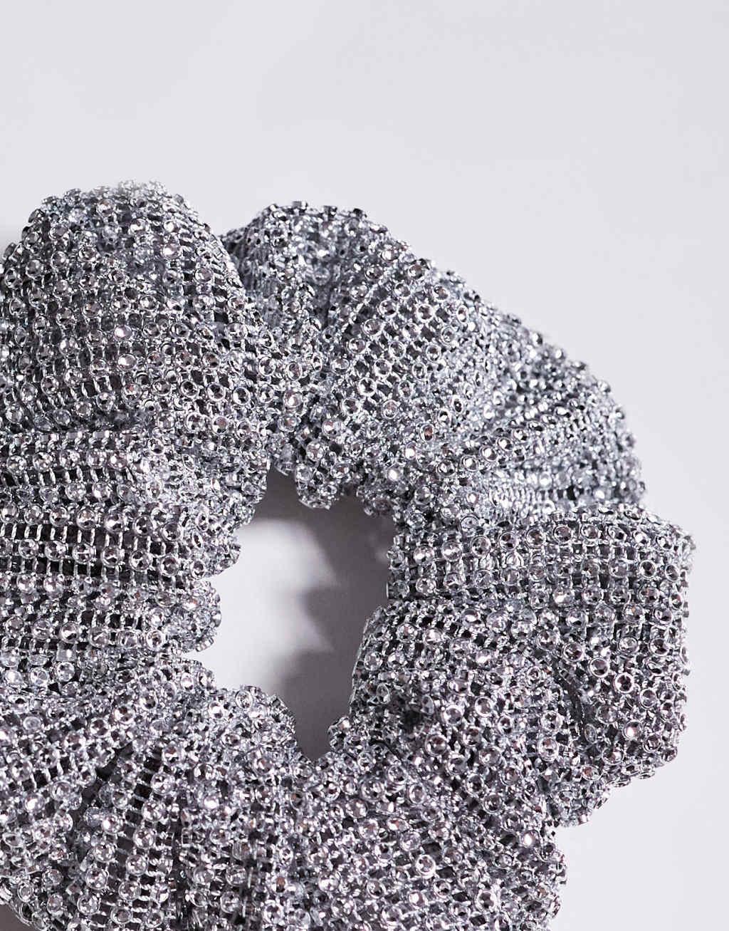 ASOS DESIGN scrunchie hairband with crystal detail in silver tone Product Image