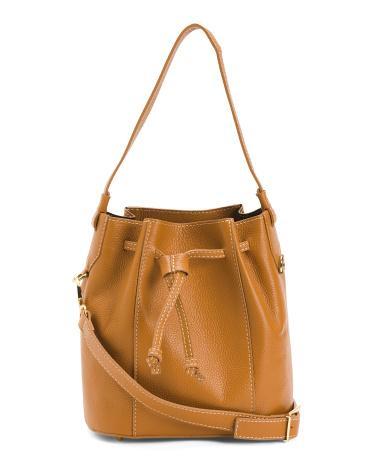 Leather Drawstring Bucket Bag for Women | Leather/Metal Product Image