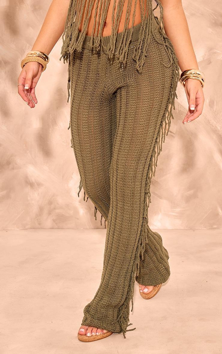 Khaki Tassel Crochet Wide Leg Pants Product Image