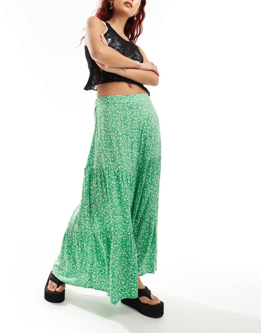 Monki tiered maxi skirt in red meadow floral Product Image