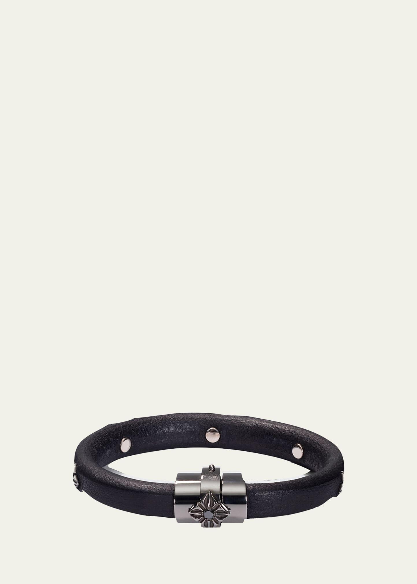 Mens Korne Leather & Black Rhodium Bracelet Product Image