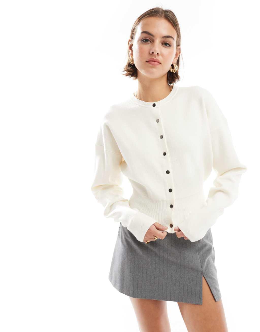 ASOS DESIGN crew neck cardigan with rib hem detail in cream Product Image