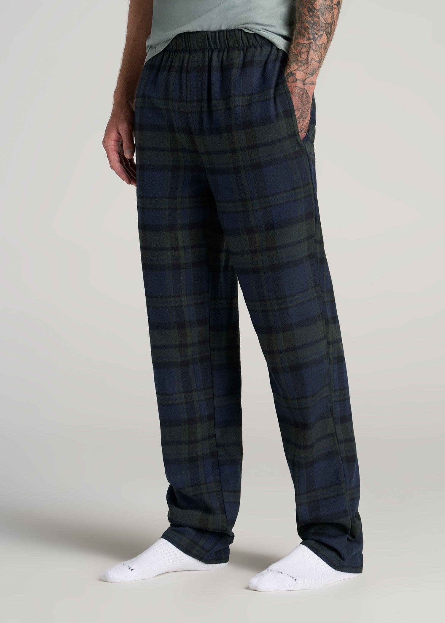 Plaid Pajama Pants for Tall Men in Olive & Dark Cobalt Plaid Product Image