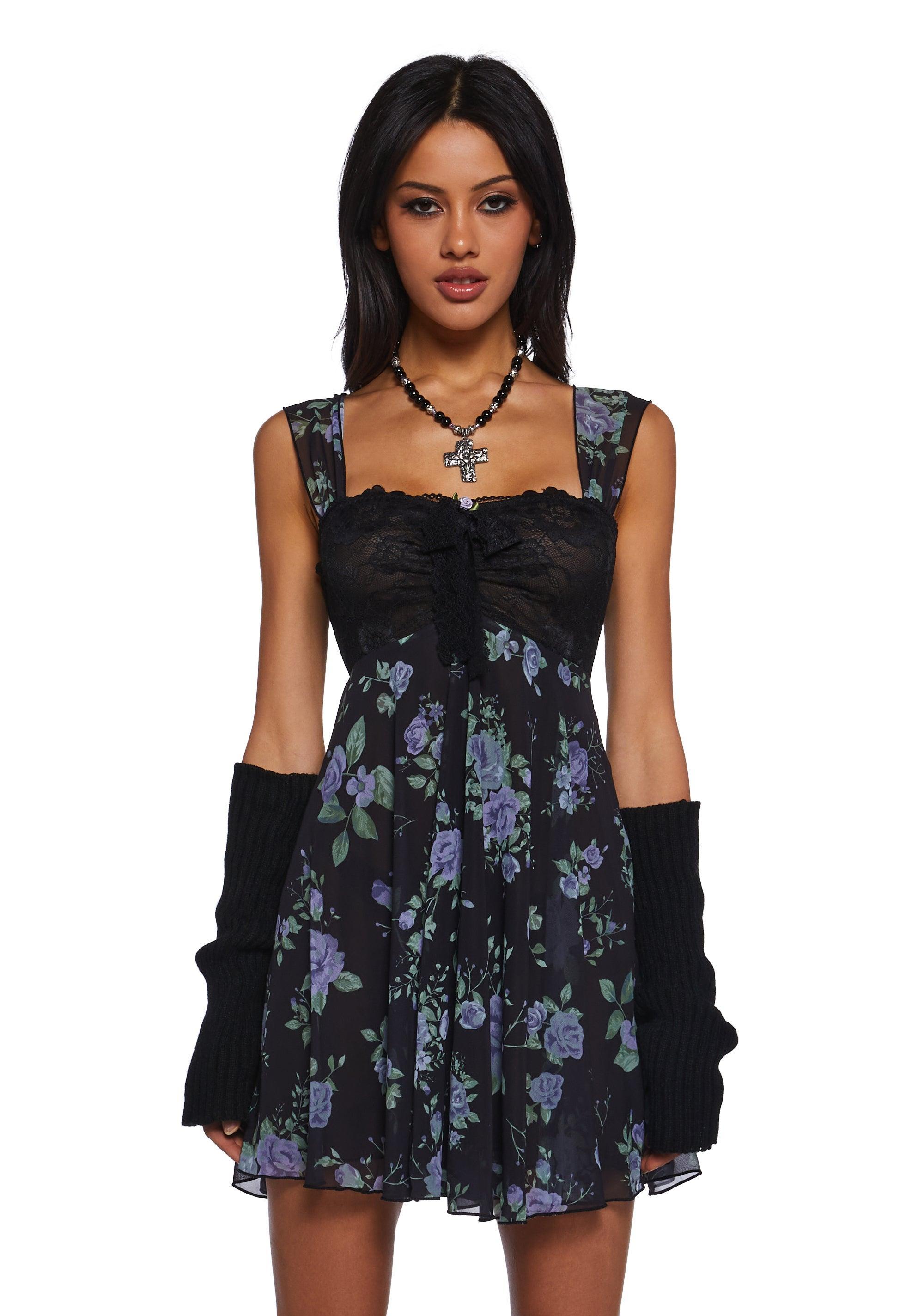 Current Mood Sheer Chiffon Lace Floral Babydoll Dress - Black Product Image