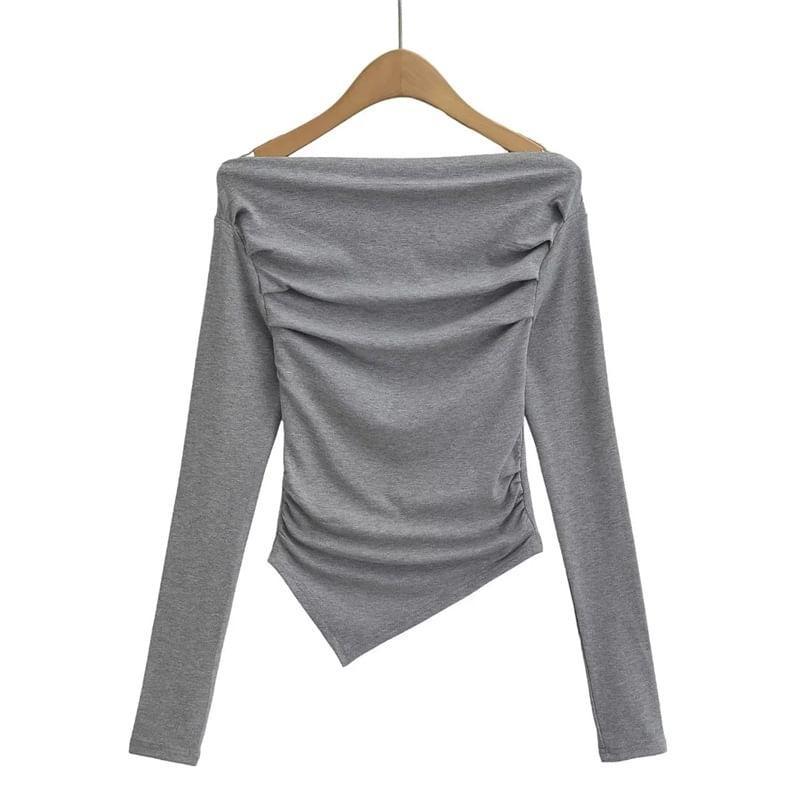 Long Sleeve Off Shoulder Plain Ruched Asymmetrical Top Product Image