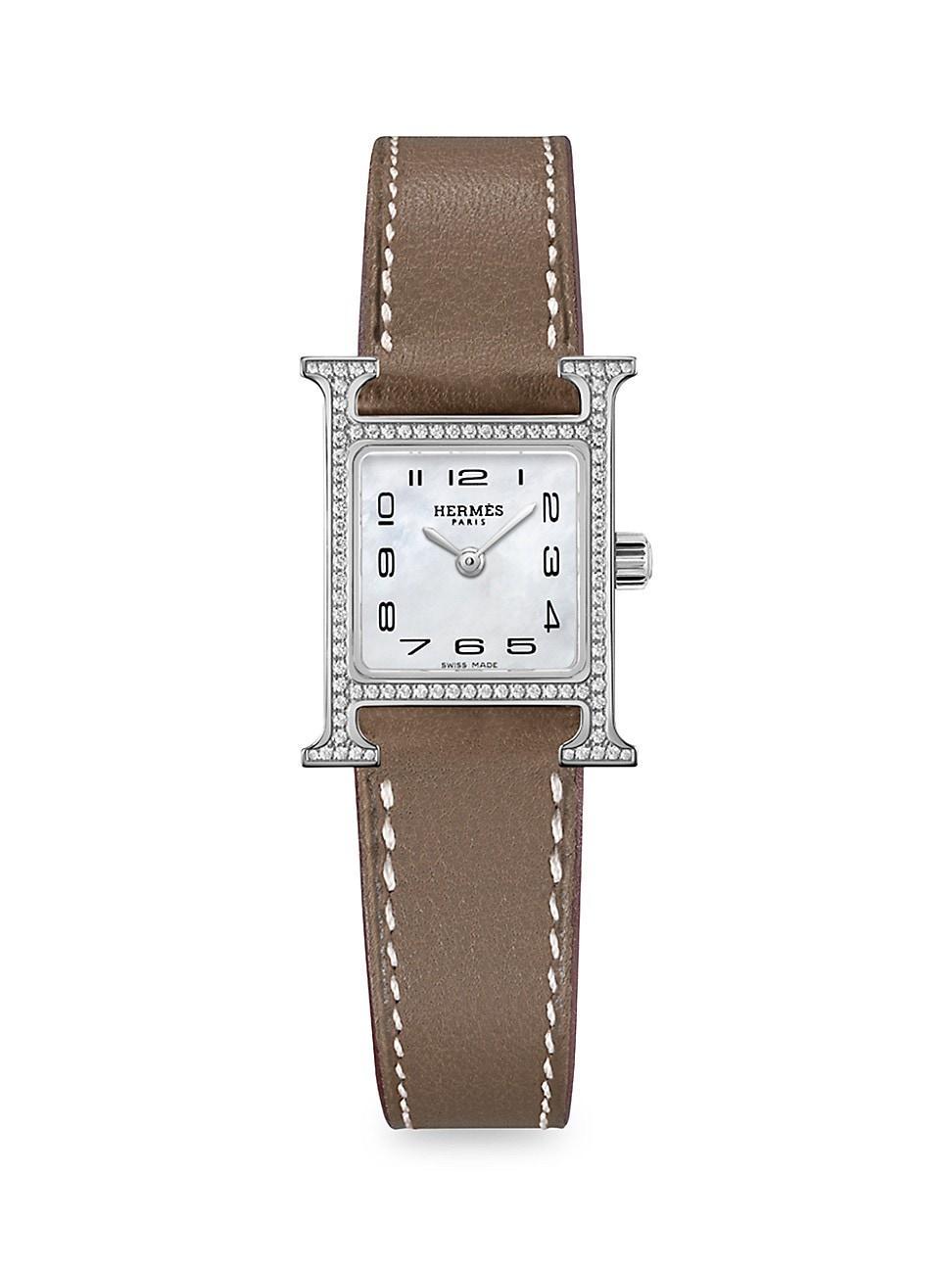 Womens Heure H 21MM Stainless Steel, Diamond & Leather Strap Watch Product Image