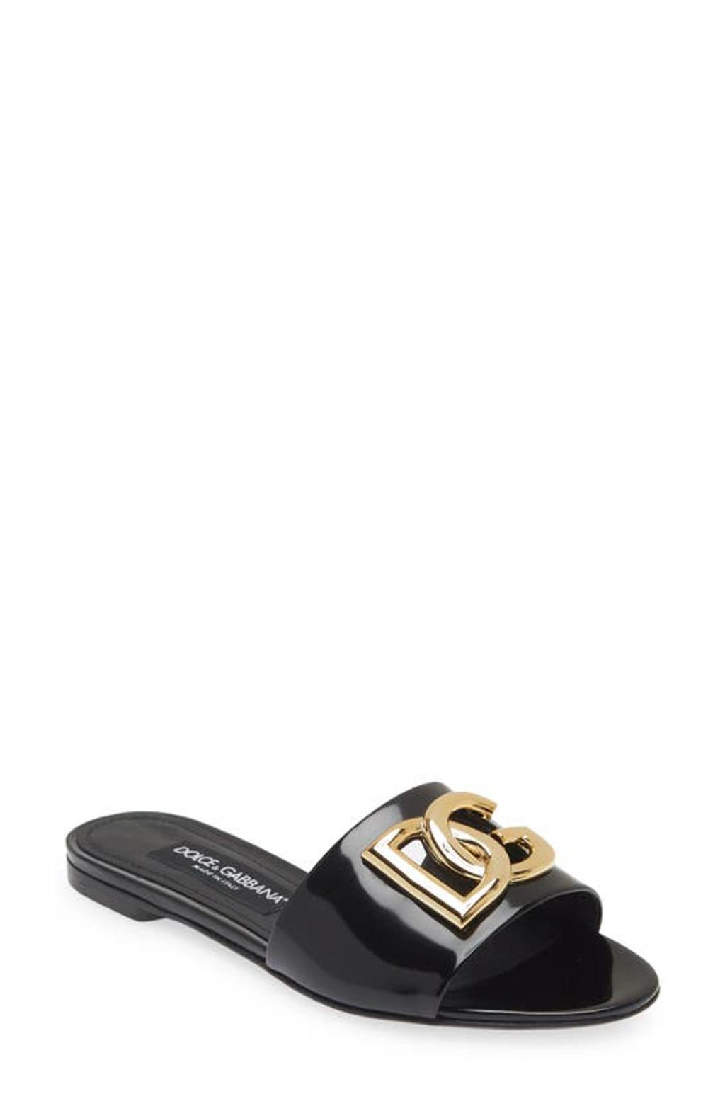 DOLCE & GABBANA Polished Calfskin Sliders With Dg Logo In Black Product Image