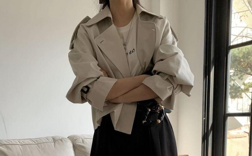 Collared Button-Up Plain Trench Coat Product Image