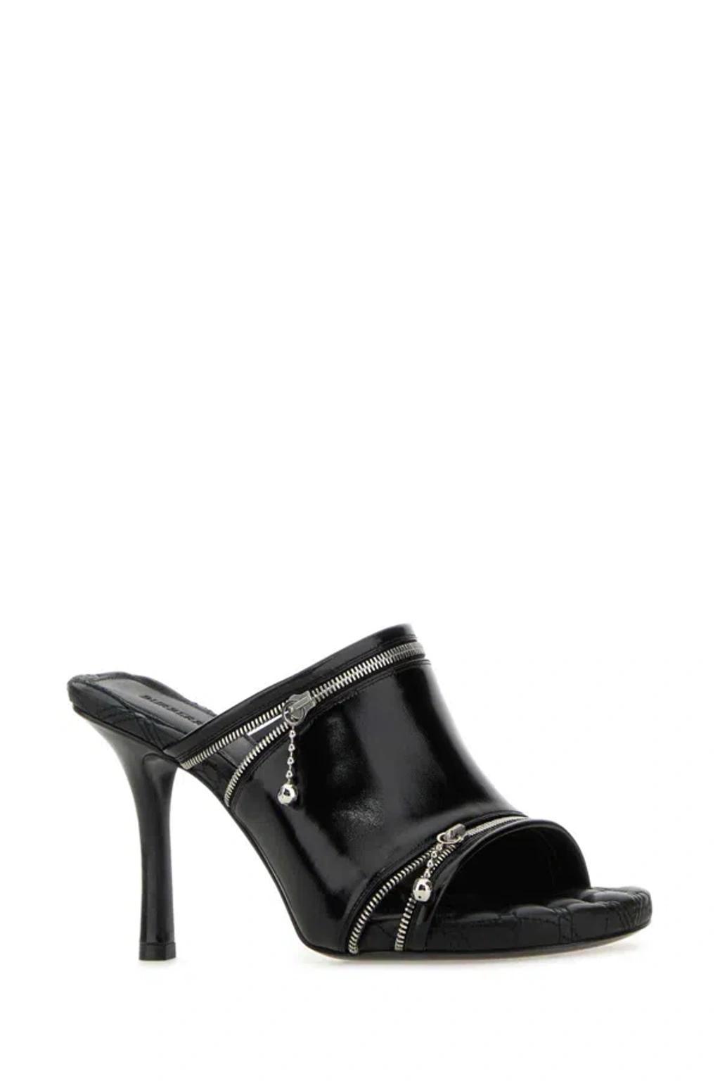 BURBERRY Glossy Leather Peep Mules In Black Product Image